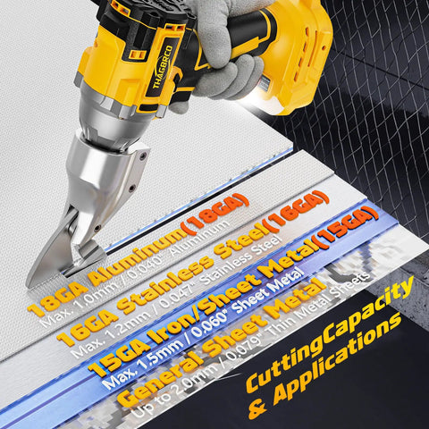 Top Rated Cordless Metal Shear Compatible With Dewalt 20V And 60V Battery Tools cutting through 18GA aluminum sheet.