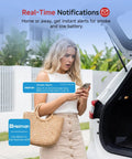 Young woman receiving notifications on her phone about Wireless Smart Smoke Detector 3 Pack Interconnected Fire Alarm System With Smart Gateway Hub UL 217 Certified.