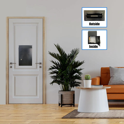 Drop Dead Secure Exterior Door Drop Box With Rear Access For Mail And Keys Anti Fishing Security Design Built Tough Zero Drama Operation In Matte Black visible in modern interior setting.