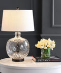 Clear Glass And Black Metal LED Table Lamp For Bedroom And Living Room, Transitional Farmhouse Style Nightstand Light With White Linen Shade, UL Listed And Energy-Saving LED Bulb Included, Easy Modern Decor on a table