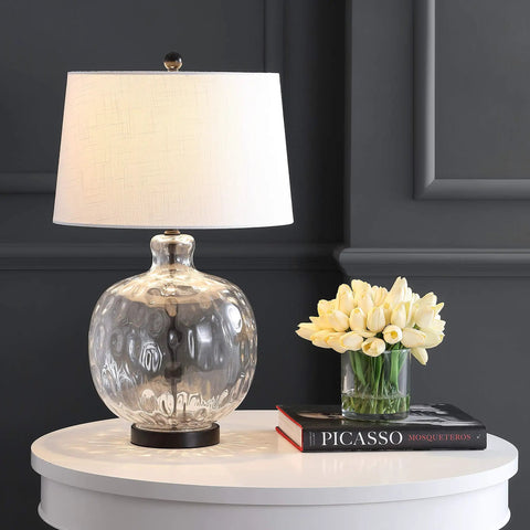 Clear Glass And Black Metal LED Table Lamp For Bedroom And Living Room, Transitional Farmhouse Style Nightstand Light With White Linen Shade, UL Listed And Energy-Saving LED Bulb Included, Easy Modern Decor on a table