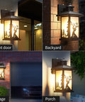 Four images of two pack dusk to dawn outdoor wall lanterns waterproof sconce lights with frosted glass shade and E26 socket