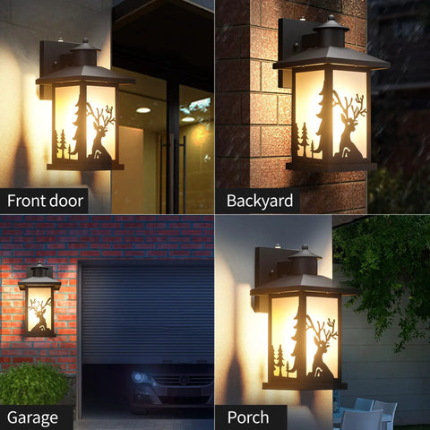 Four images of two pack dusk to dawn outdoor wall lanterns waterproof sconce lights with frosted glass shade and E26 socket