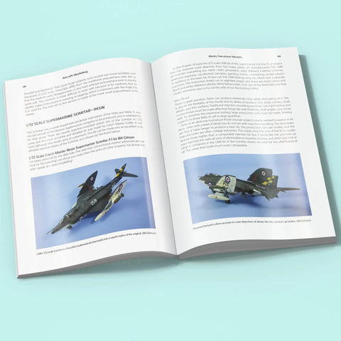 Open book showing Conversions and Scratchbuilding Masterclass for Aircraft Modeling with Hands On Pro Tips and Superdetailing Weathering