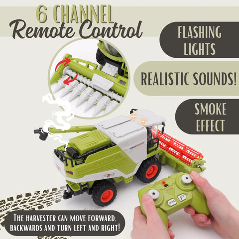 Remote Control Farm Harvester With Lights Sounds And Smoke Effects 1 To 24 Scale Battery Powered RC Combine with controller.