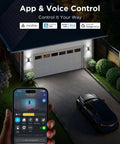 Smart wall lights with app control are shown illuminating a driveway and garage, enhancing outdoor ambiance in a modern setup.