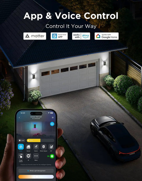 Smart wall lights with app control are shown illuminating a driveway and garage, enhancing outdoor ambiance in a modern setup.