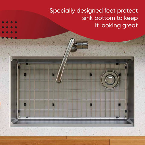 Stainless Steel Kitchen Sink Grid Protector 28x14 Inch Bottom Rack With Vinyl Feet For Scratch Prevention And Right Rear Drain