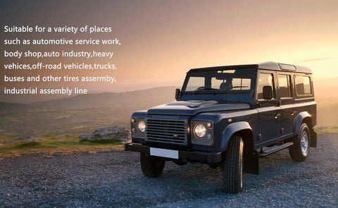 Off-road vehicle parked on gravel road at sunset with text about available applications for heavy duty tasks like automotive service.