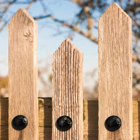 Solid 12 Pack Iron Clavos 1.5 Inches Long Featuring Gritty Hammered Black Finish applied to rustic wooden fence.