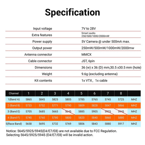 Specification chart for Long Range 5.8GHz FPV VTX With Switchable 250mW 500mW 1000mW 2000mW Output, Built-In Microphone, OSD Smart Audio