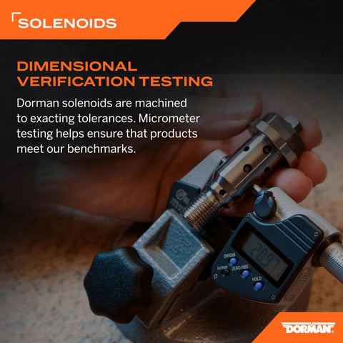 Micrometer testing of solenoid for tolerance verification, showcasing precision measurements in manufacturing quality control.