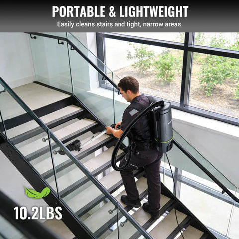 No Nonsense Commercial Grade Backpack Vacuum With Ergonomic Harness, cleaning stairs, lightweight 10.2 lbs design for easy handling.