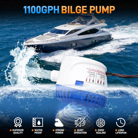 Automatic 12V Boat Bilge Pump Kit With 1-1/8 Inch Electric Bilge Water Pump for yachts and cruisers, shown near a yacht.