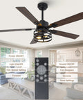 52 Inch Premium Farmhouse Ceiling Fan With Warm Ambient Glow Reversible Dual Finish Blades with remote and light in a living room setting.