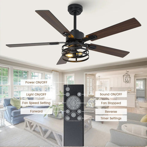 52 Inch Premium Farmhouse Ceiling Fan With Warm Ambient Glow Reversible Dual Finish Blades with remote and light in a living room setting.