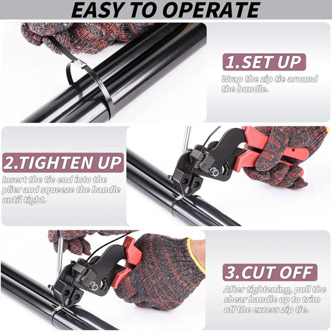 Heavy Duty Metal Zip Ties Kit With Gun Tool And Cutter 400 Pieces Of 6 8 And 12 Inch Self Locking Cable Ties in use with gloves