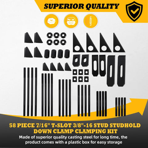 Heavy Duty Hold Down Clamp Kit For Milling CNC, 58 Pcs, Fits 7/16 T-Slot And 3/8-16 Studs, Steel Construction, Heat Treated