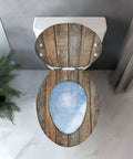 Top view of an elongated resin toilet seat with a wooden design, suitable for bathroom use. Toilet Seat Elongated Resin for Bathroom.