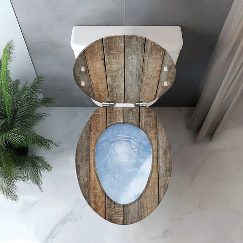 Top view of an elongated resin toilet seat with a wooden design, suitable for bathroom use. Toilet Seat Elongated Resin for Bathroom.
