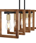 Farmhouse Gold Solid Wood Five Light Chandelier With Black Metal Frame For Kitchen Island Vibe Entryway Dining Room And Bedroom Lighting Rustic Modern Style Easy Hardwired Ceiling Mount LED Ready With E26 Bulbs, side view of wooden frames and bulbs