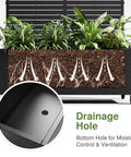 Image showing Metal Raised Garden Bed With Trellis And Wheels For Climbing Plants Veggies And Vines Rust Resistant Galvanized Steel Planter 72 By 47 By 16 Inches Includes Drainage Holes And Black Privacy Screen with plants and highlighted drainage holes.