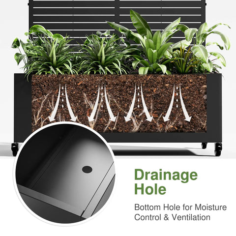 Image showing Metal Raised Garden Bed With Trellis And Wheels For Climbing Plants Veggies And Vines Rust Resistant Galvanized Steel Planter 72 By 47 By 16 Inches Includes Drainage Holes And Black Privacy Screen with plants and highlighted drainage holes.