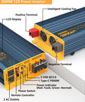3000W Pure Sine Wave Inverter From 12V DC To 110V And 120V with LCD display, ports, and terminals.
