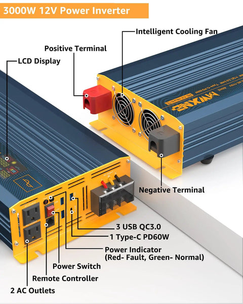 3000W Pure Sine Wave Inverter From 12V DC To 110V And 120V with LCD display, ports, and terminals.