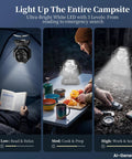 Portable Camping Fan With Light And Remote, shown lighting a tent, cooking area, and outdoor gear in three activities.
