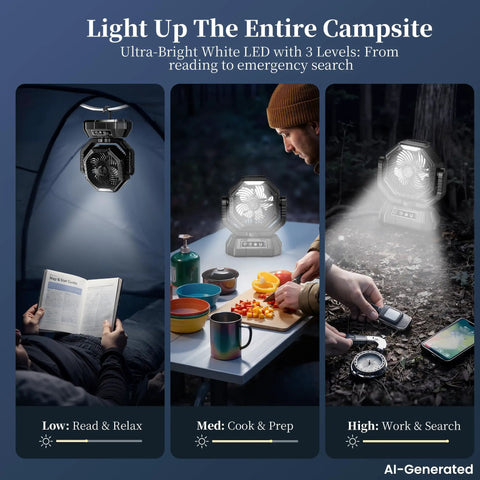 Portable Camping Fan With Light And Remote, shown lighting a tent, cooking area, and outdoor gear in three activities.