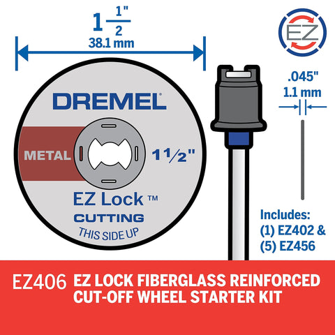Dremel EZ Lock Starter Kit: metal cut-off wheel, 1-1/2 in diameter, includes EZ402 mandrel and five EZ456 wheels