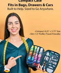 Woman holding Grab And Go Sewing Kit For Adults And Beginners A Portable Travel Kit with organized sewing supplies.