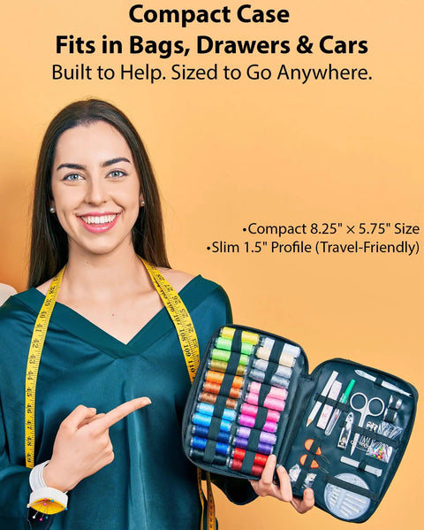 Woman holding Grab And Go Sewing Kit For Adults And Beginners A Portable Travel Kit with organized sewing supplies.