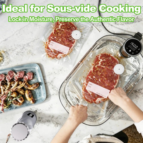 Handheld Vacuum Sealer For Food With 30 Reusable Bags Dry And Moist Food Compatible in sous vide cooking setup with sealed steak.