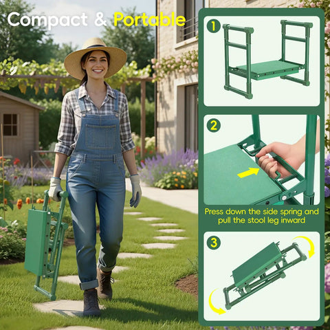 Garden Kneeler And Seat With Anti Tip Extendable Legs Foldable Portable Garden Stool With Two Tool Bags Deep Green