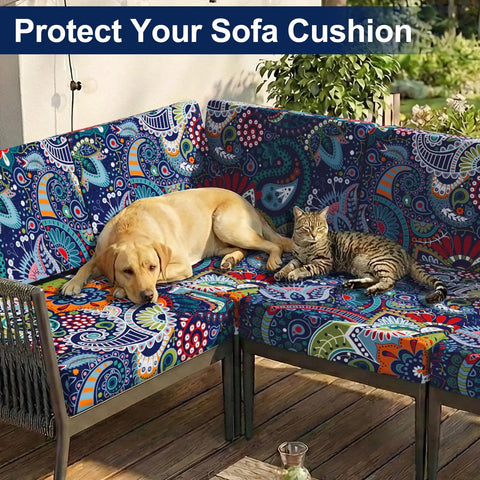 Dog and cat on Waterproof Patio Cushion Covers Set 8 Pcs Outdoor Couch Slipcovers Stretchable Washable Furniture Protector