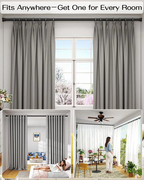 Heavy Duty Tension Curtain Rod For Windows 42 To 123 Inches installed holding thick blackout curtains in various rooms.