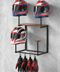 Solid Wood And Reinforced Metal Motorcycle Helmet Rack Wall Mount Heavy Duty Bike Helmet Holder Bracket with gloves and helmets.