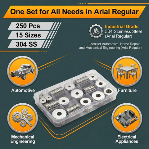Premium 304 Stainless Steel Fender Washers Kit, 250 Piece Flat Washers Assortment In 15 Metric Sizes M3 To M12, in storage box