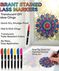 Person using Stained Glass Mandala Art Kit for DIY window clings with markers, illustrating vibrant suncatcher design on window.
