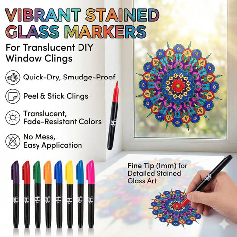 Person using Stained Glass Mandala Art Kit for DIY window clings with markers, illustrating vibrant suncatcher design on window.