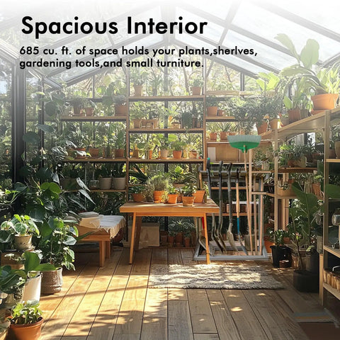 Walk In Outdoor Greenhouse Kit 8 By 14 Feet Large Weatherproof Greenhouse with plants and tools on wooden shelves inside