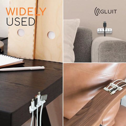 Five Pack Cable Organizers For Desk And Nightstand With Adhesive Clips Fifteen Slots White Cord Management System Keep Chargers And Cables Neat And Tidy Within Reach Easy Desk Accessories For Home Office, showing different installations on furniture surfaces.