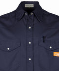 Men's Flame Resistant Welding Shirt With Pearl Snap Front, 7.5oz 100 Percent Cotton FR Twill, Navy, HRC2 Arc Rated 9.2 CalPerCm2 NFPA2112 Certified, Durable Workwear For Tough Jobs - front view
