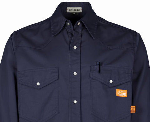Men's Flame Resistant Welding Shirt With Pearl Snap Front, 7.5oz 100 Percent Cotton FR Twill, Navy, HRC2 Arc Rated 9.2 CalPerCm2 NFPA2112 Certified, Durable Workwear For Tough Jobs - front view