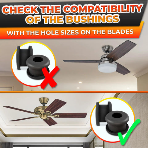 Image showing the Rock Solid Half Inch Rubber Grommet Kit For Ceiling Fan Blades compatibility with fan blade sizes.