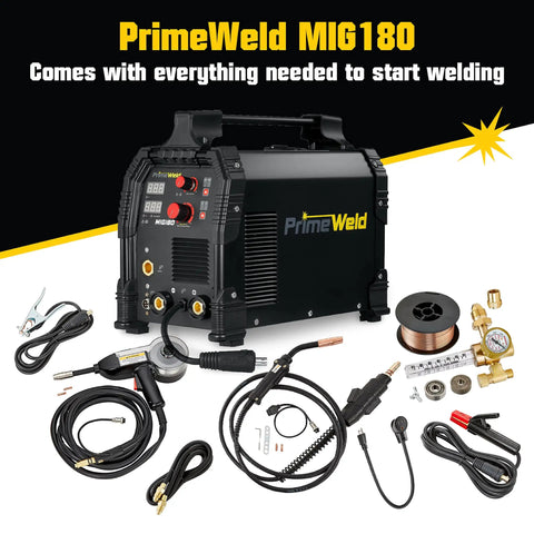MIG Welder 180 Amp Wire Feed with dual voltage 220V and 110V, showing a black welding machine with accessories and cables.