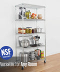 5 Tier Heavy Duty Steel Wire Shelf On Wheels NSF Certified Utility Rack 18x36x72 Inches Great For Garage Home Shop Ample Storage With Smooth Roll Casters Industrial Grade Racking, silver, loaded with kitchen items