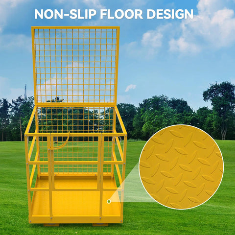 Built Like A Tank 45 By 43 Forklift Safety Cage 1400 Lb Weight Capacity yellow man basket with non-slip floor design.